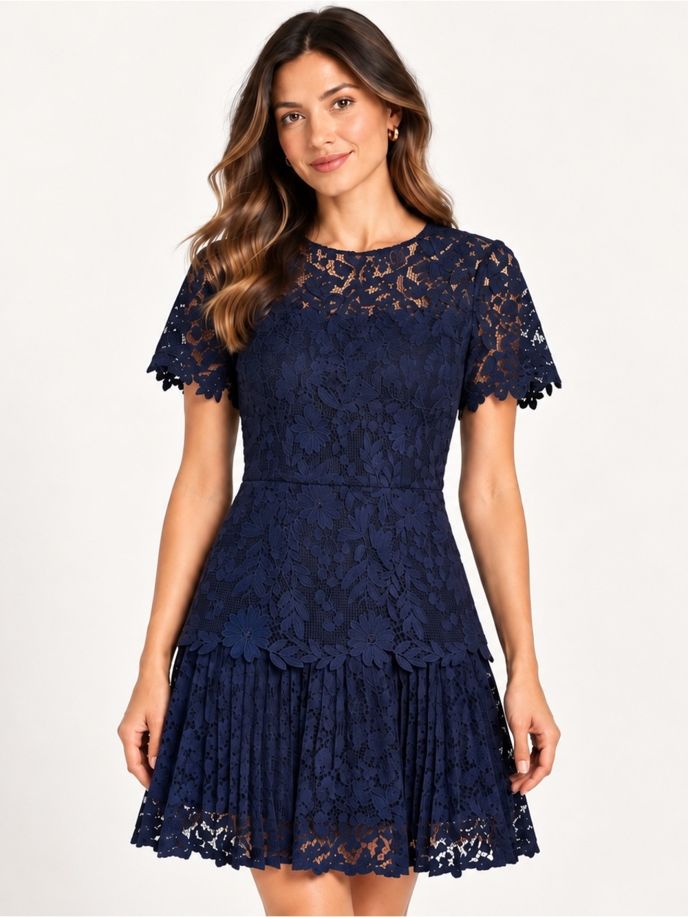 Milly Nikoletta Mixed Lace Pleated Mini Dress Navy Small (US 4-6) NWOT